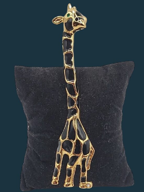 Unbranded Jewelry - Giraffe Brooch Pin Gold Tone Black Enamel Spots Green Rhinestone Eye